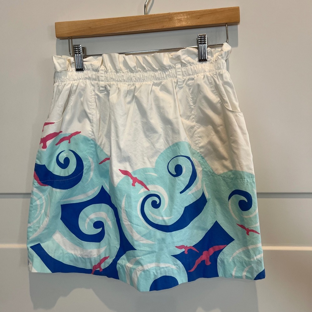 Lilly Pulitzer Mini‎ Skirt Womens XS White Blue Waves Ruffle Waist Nautical